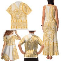 Niue Language Week Family Matching Tank Maxi Dress and Hawaiian Shirt The Rock Coconut Crab - Siapo Gold Pastel