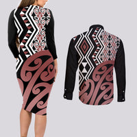 New Zealand Couples Matching Long Sleeve Bodycon Dress and Long Sleeve Button Shirt Aotearoa Kowhaiwhai Mix Taniko Art LT14 - Polynesian Pride