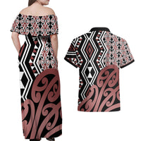 New Zealand Couples Matching Off Shoulder Maxi Dress and Hawaiian Shirt Aotearoa Kowhaiwhai Mix Taniko Art LT14 - Polynesian Pride