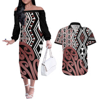 New Zealand Couples Matching Off The Shoulder Long Sleeve Dress and Hawaiian Shirt Aotearoa Kowhaiwhai Mix Taniko Art LT14 Brown - Polynesian Pride