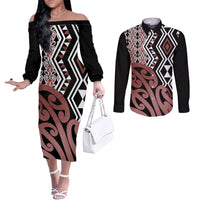 New Zealand Couples Matching Off The Shoulder Long Sleeve Dress and Long Sleeve Button Shirt Aotearoa Kowhaiwhai Mix Taniko Art LT14 Brown - Polynesian Pride