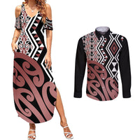 New Zealand Couples Matching Summer Maxi Dress and Long Sleeve Button Shirt Aotearoa Kowhaiwhai Mix Taniko Art LT14 Brown - Polynesian Pride