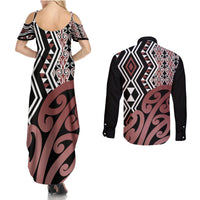 New Zealand Couples Matching Summer Maxi Dress and Long Sleeve Button Shirt Aotearoa Kowhaiwhai Mix Taniko Art LT14 - Polynesian Pride