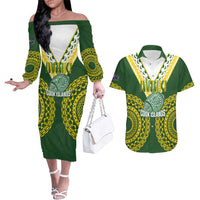 Custom Avaiki Cook Islands Rugby Couples Matching Off The Shoulder Long Sleeve Dress and Hawaiian Shirt Kuki Airani Tatau Green - Polynesian Pride