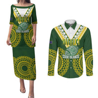 Custom Avaiki Cook Islands Rugby Couples Matching Puletasi and Long Sleeve Button Shirt Kuki Airani Tatau Green LT14 Green - Polynesian Pride