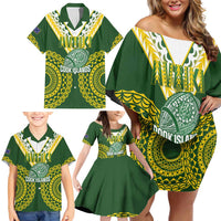 Custom Avaiki Cook Islands Rugby Family Matching Off Shoulder Short Dress and Hawaiian Shirt Kuki Airani Tatau Green - Polynesian Pride