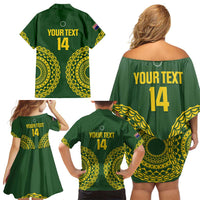 Custom Avaiki Cook Islands Rugby Family Matching Off Shoulder Short Dress and Hawaiian Shirt Kuki Airani Tatau Green - Polynesian Pride