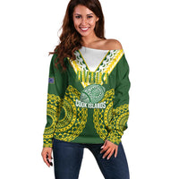 Custom Avaiki Cook Islands Rugby Off Shoulder Sweater Kuki Airani Tatau Green LT14 Women Green - Polynesian Pride