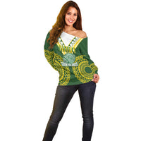 Custom Avaiki Cook Islands Rugby Off Shoulder Sweater Kuki Airani Tatau Green LT14 - Polynesian Pride