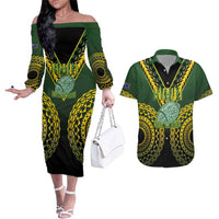 Custom Avaiki Cook Islands Rugby Couples Matching Off The Shoulder Long Sleeve Dress and Hawaiian Shirt Kuki Airani Tatau Black LT14 Black - Polynesian Pride