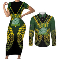 Custom Avaiki Cook Islands Rugby Couples Matching Short Sleeve Bodycon Dress and Long Sleeve Button Shirt Kuki Airani Tatau Black LT14 Black - Polynesian Pride
