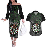 Personalised New Zealand Darts Couples Matching Off The Shoulder Long Sleeve Dress and Hawaiian Shirt Dartboard Maori Fern Puhoro Art