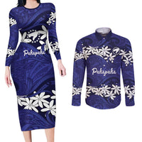 Personalised Cook Islands Pukapuka Couples Matching Long Sleeve Bodycon Dress and Long Sleeve Button Shirt Tiare Maori Polynesian Waves Tattoo