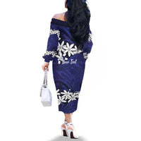Personalised Cook Islands Pukapuka Family Matching Off The Shoulder Long Sleeve Dress and Hawaiian Shirt Tiare Maori Polynesian Waves Tattoo