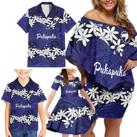 Personalised Cook Islands Pukapuka Family Matching Off Shoulder Short Dress and Hawaiian Shirt Tiare Maori Polynesian Waves Tattoo