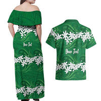 Personalised Cook Islands Rarotonga Couples Matching Off Shoulder Maxi Dress and Hawaiian Shirt Tiare Maori Polynesian Waves Tattoo