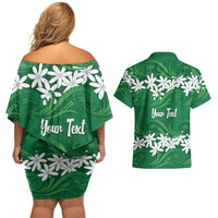 Personalised Cook Islands Rarotonga Couples Matching Off Shoulder Short Dress and Hawaiian Shirt Tiare Maori Polynesian Waves Tattoo