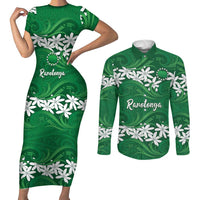 Personalised Cook Islands Rarotonga Couples Matching Short Sleeve Bodycon Dress and Long Sleeve Button Shirt Tiare Maori Polynesian Waves Tattoo