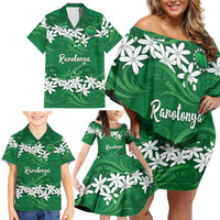 Personalised Cook Islands Rarotonga Family Matching Off Shoulder Short Dress and Hawaiian Shirt Tiare Maori Polynesian Waves Tattoo