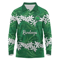 Personalised Cook Islands Rarotonga Long Sleeve Polo Shirt Tiare Maori Polynesian Waves Tattoo LT14 Green - Polynesian Pride
