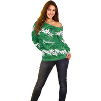 Personalised Cook Islands Rarotonga Off Shoulder Sweater Tiare Maori Polynesian Waves Tattoo