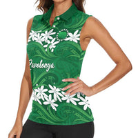 Personalised Cook Islands Rarotonga Women Sleeveless Polo Shirt Tiare Maori Polynesian Waves Tattoo