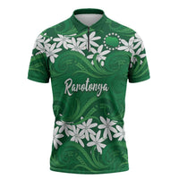 Personalised Cook Islands Rarotonga Zipper Polo Shirt Tiare Maori Polynesian Waves Tattoo LT14 Green - Polynesian Pride