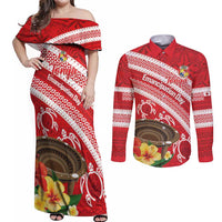 Kingdom Of Tonga Emancipation Day Couples Matching Off Shoulder Maxi Dress and Long Sleeve Button Shirt Tongan Ngatu With Kumete Red