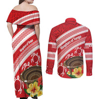 Kingdom Of Tonga Emancipation Day Couples Matching Off Shoulder Maxi Dress and Long Sleeve Button Shirt Tongan Ngatu With Kumete Red
