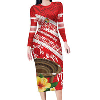 Kingdom Of Tonga Emancipation Day Family Matching Long Sleeve Bodycon Dress and Hawaiian Shirt Tongan Ngatu With Kumete Red LT14 Mom's Dress Red - Polynesian Pride