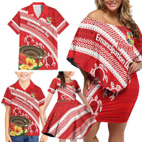 Kingdom Of Tonga Emancipation Day Family Matching Off Shoulder Short Dress and Hawaiian Shirt Tongan Ngatu With Kumete Red