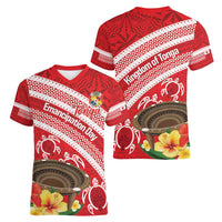 Kingdom Of Tonga Emancipation Day Women V-Neck T-Shirt Tongan Ngatu With Kumete Red
