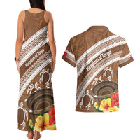 Kingdom Of Tonga Emancipation Day Couples Matching Tank Maxi Dress and Hawaiian Shirt Tongan Ngatu With Kumete Brown