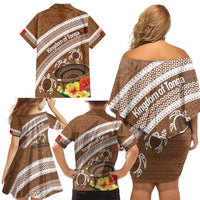 Kingdom Of Tonga Emancipation Day Family Matching Off Shoulder Short Dress and Hawaiian Shirt Tongan Ngatu With Kumete Brown
