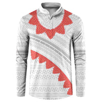 Tonga White Sunday Button Sweatshirt Heilala Flowers Tongan Ngatu Pattern LT14 White - Polynesian Pride