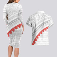Tonga White Sunday Couples Matching Long Sleeve Bodycon Dress and Hawaiian Shirt Heilala Flowers Tongan Ngatu Pattern