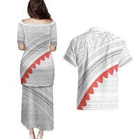 Tonga White Sunday Couples Matching Puletasi and Hawaiian Shirt Heilala Flowers Tongan Ngatu Pattern