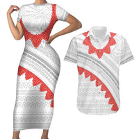 Tonga White Sunday Couples Matching Short Sleeve Bodycon Dress and Hawaiian Shirt Heilala Flowers Tongan Ngatu Pattern