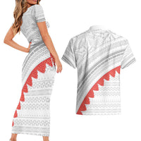 Tonga White Sunday Couples Matching Short Sleeve Bodycon Dress and Hawaiian Shirt Heilala Flowers Tongan Ngatu Pattern
