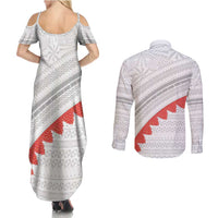 Tonga White Sunday Couples Matching Summer Maxi Dress and Long Sleeve Button Shirt Heilala Flowers Tongan Ngatu Pattern LT14 - Polynesian Pride
