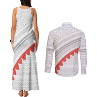 Tonga White Sunday Couples Matching Tank Maxi Dress and Long Sleeve Button Shirt Heilala Flowers Tongan Ngatu Pattern LT14 - Polynesian Pride