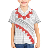 Tonga White Sunday Family Matching Off Shoulder Short Dress and Hawaiian Shirt Heilala Flowers Tongan Ngatu Pattern