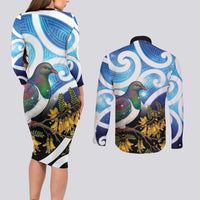 Kekeru New Zealand Matariki Couples Matching Long Sleeve Bodycon Dress and Long Sleeve Button Shirt Kukupa Kowhai Maori New Year Blue Version