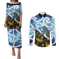 Kekeru New Zealand Matariki Couples Matching Puletasi and Long Sleeve Button Shirt Kukupa Kowhai Maori New Year Blue Version