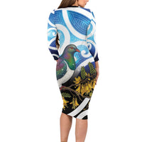 Kekeru New Zealand Matariki Family Matching Long Sleeve Bodycon Dress and Hawaiian Shirt Kukupa Kowhai Maori New Year Blue Version