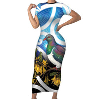 Kekeru New Zealand Matariki Short Sleeve Bodycon Dress Kukupa Kowhai Maori New Year Blue Version