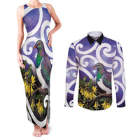 Kekeru New Zealand Matariki Couples Matching Tank Maxi Dress and Long Sleeve Button Shirt Kukupa Kowhai Maori New Year Purple Version