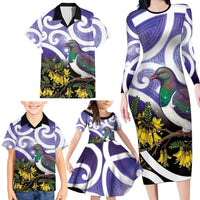 Kekeru New Zealand Matariki Family Matching Long Sleeve Bodycon Dress and Hawaiian Shirt Kukupa Kowhai Maori New Year Purple Version