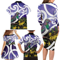 Kekeru New Zealand Matariki Family Matching Long Sleeve Bodycon Dress and Hawaiian Shirt Kukupa Kowhai Maori New Year Purple Version