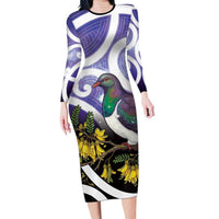 Kekeru New Zealand Matariki Long Sleeve Bodycon Dress Kukupa Kowhai Maori New Year Purple Version